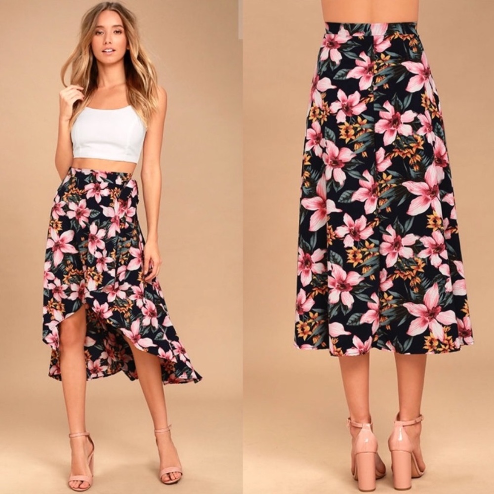 Lulus ✧ Tropical Floral Print Midi Wrap Skirt